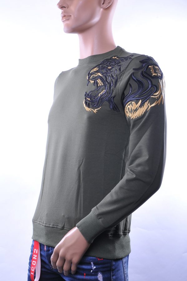 Les Designers trendy heren trui met geborduurde tijgerkop, L369 Khaki