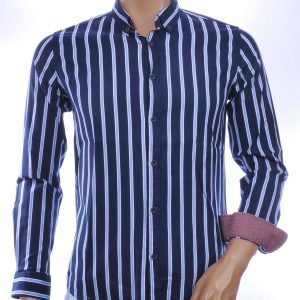 MCL Italiaans Slim Fit Heren Overhemd met Allover Verticale Strepen – Navy Blauw