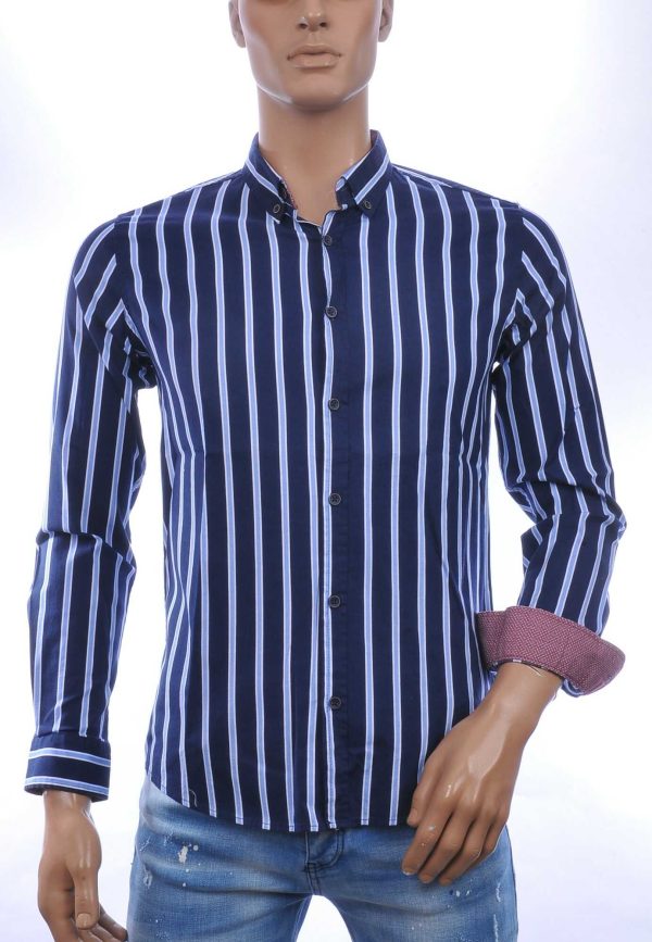 MCL Italiaans Slim Fit Heren Overhemd met Allover Verticale Strepen – Navy Blauw