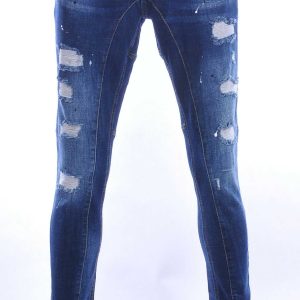 ICON2 hippie gescheurde slim fit stretch heren jeans met sierrits Blauw