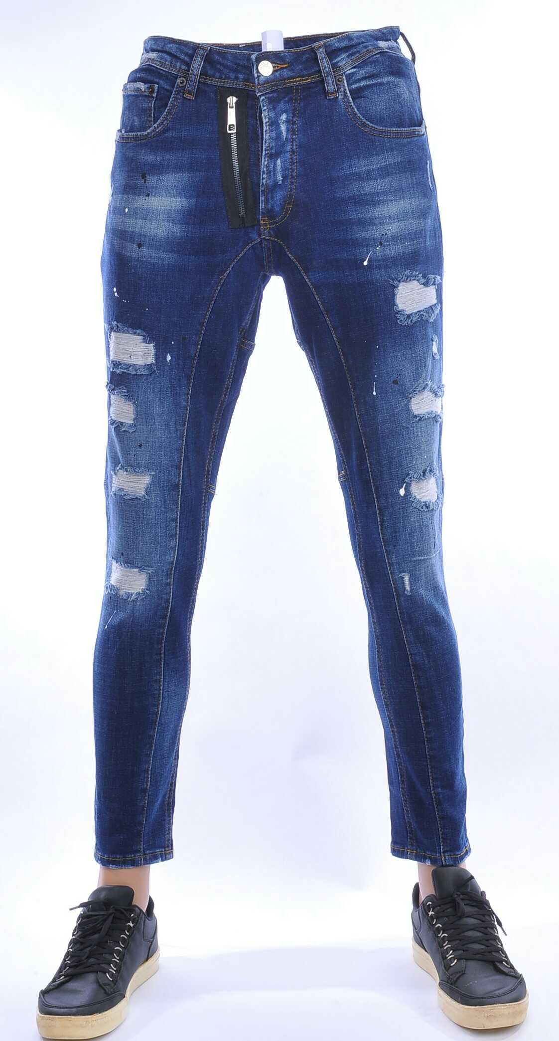 ICON2 hippie gescheurde slim fit stretch heren jeans met sierrits Blauw