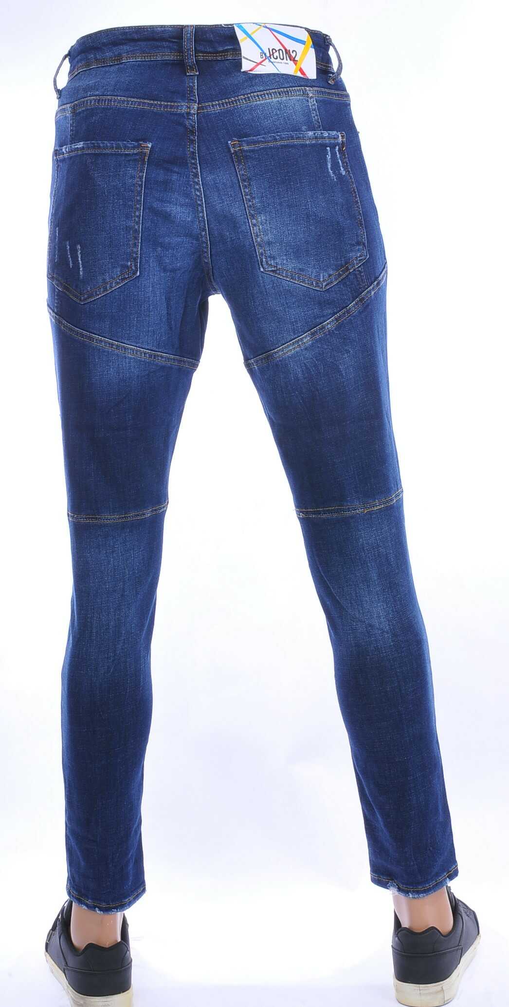ICON2 hippie gescheurde slim fit stretch heren jeans met sierrits Blauw
