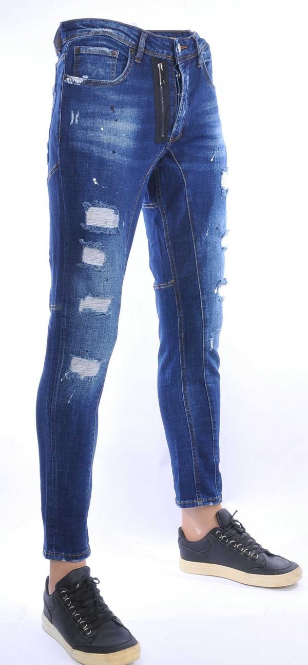 ICON2 hippie gescheurde slim fit stretch heren jeans met sierrits Blauw