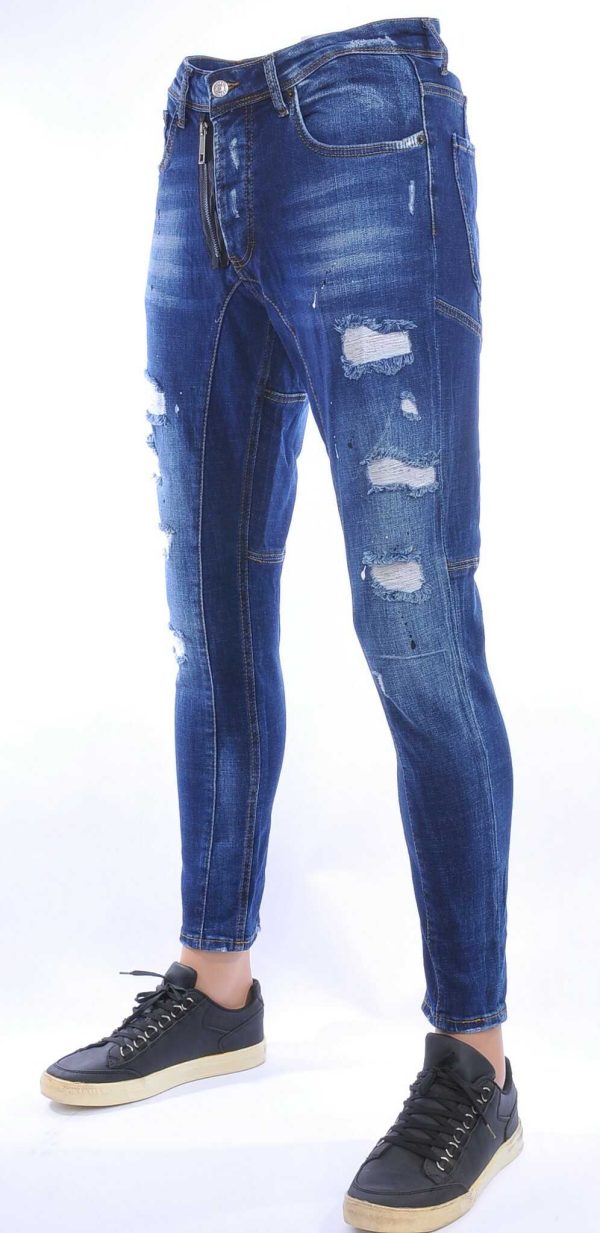 ICON2 hippie gescheurde slim fit stretch heren jeans met sierrits Blauw