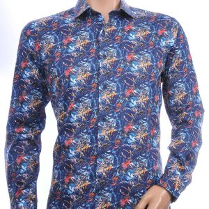 Corrino Italiaans getailleerd slim fit allover bladeren dessin heren overhemd Navy