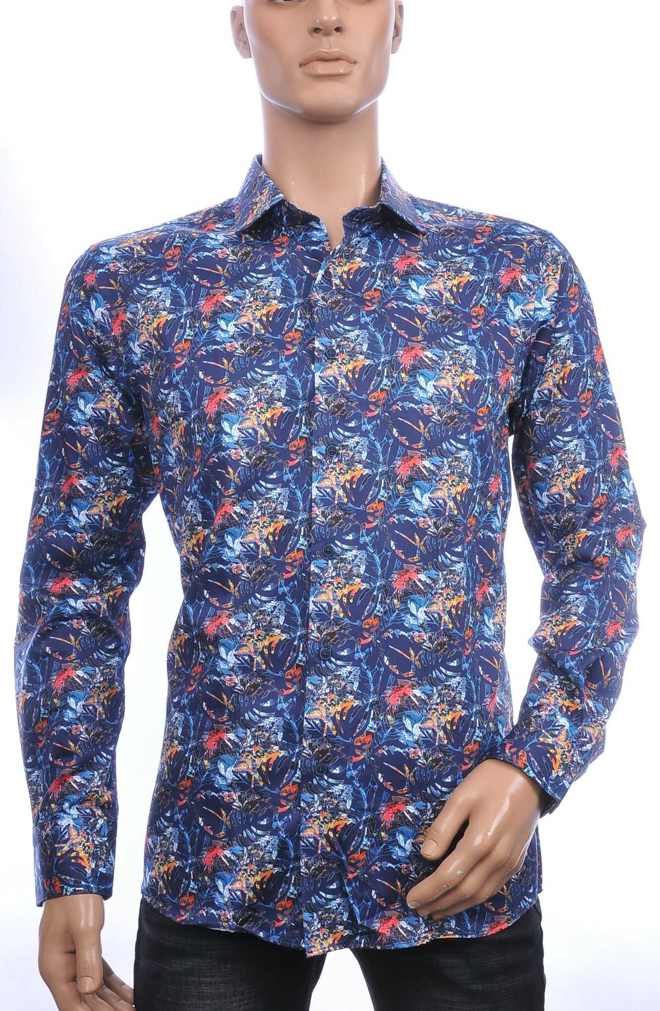 Corrino Italiaans getailleerd slim fit allover bladeren dessin heren overhemd Navy