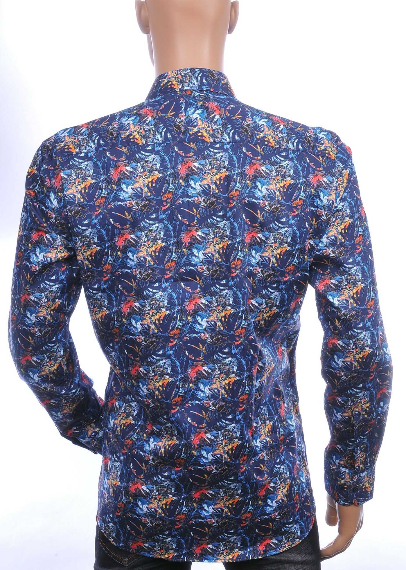 Corrino Italiaans getailleerd slim fit allover bladeren dessin heren overhemd Navy