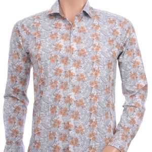 Corrino Italiaanse getailleerde slim fit heren overhemd met allover paisley dessin - Beige