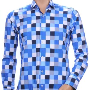 Corrino slim fit allover multicolor blokjes dessin heren overhemd Blauw