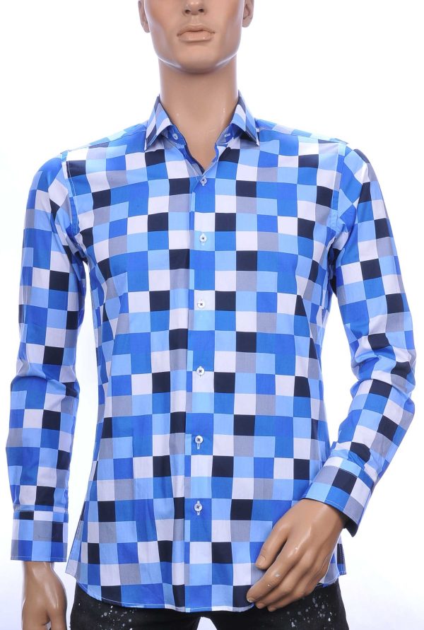 Corrino slim fit allover multicolor blokjes dessin heren overhemd Blauw
