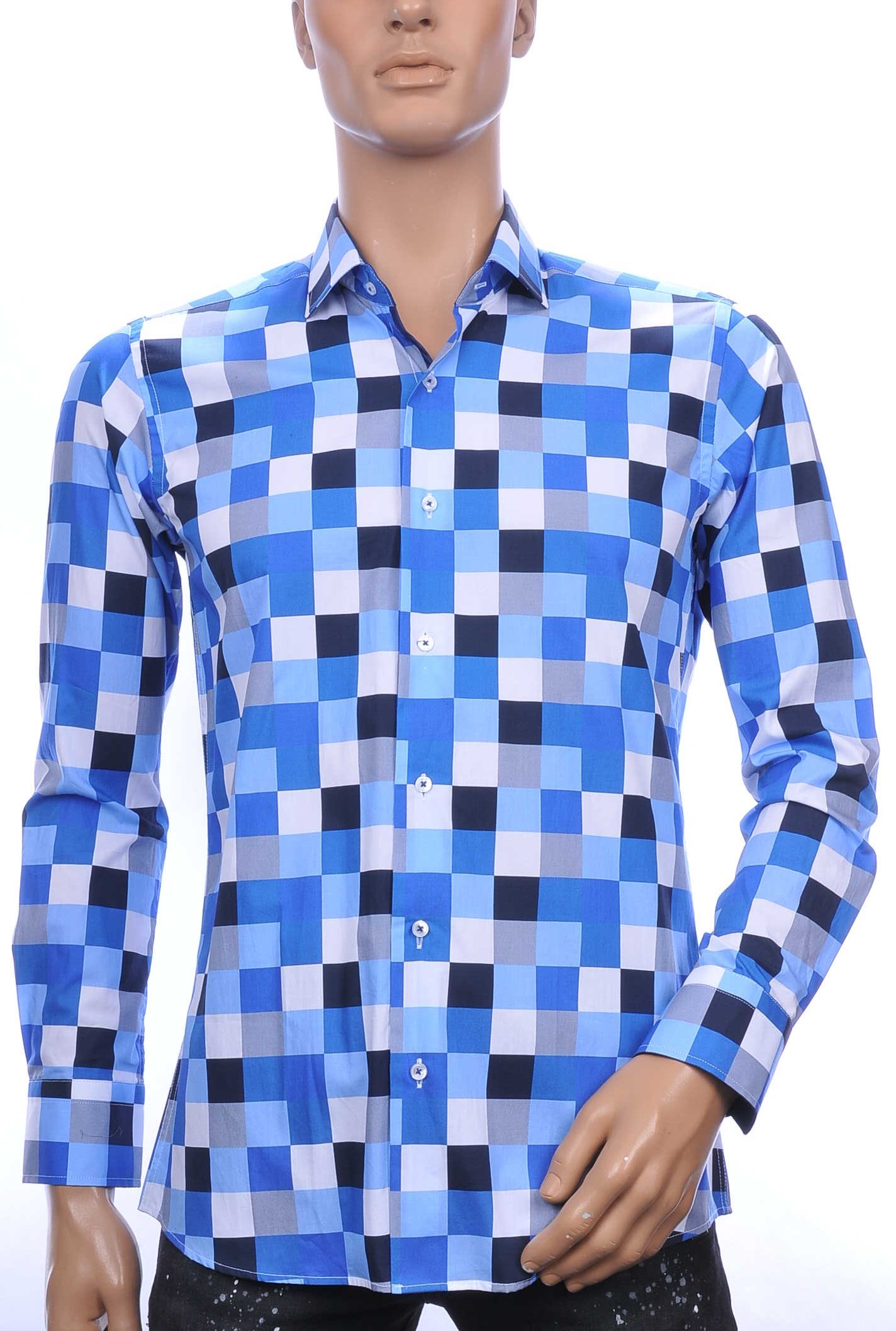 Corrino slim fit allover multicolor blokjes dessin heren overhemd Blauw