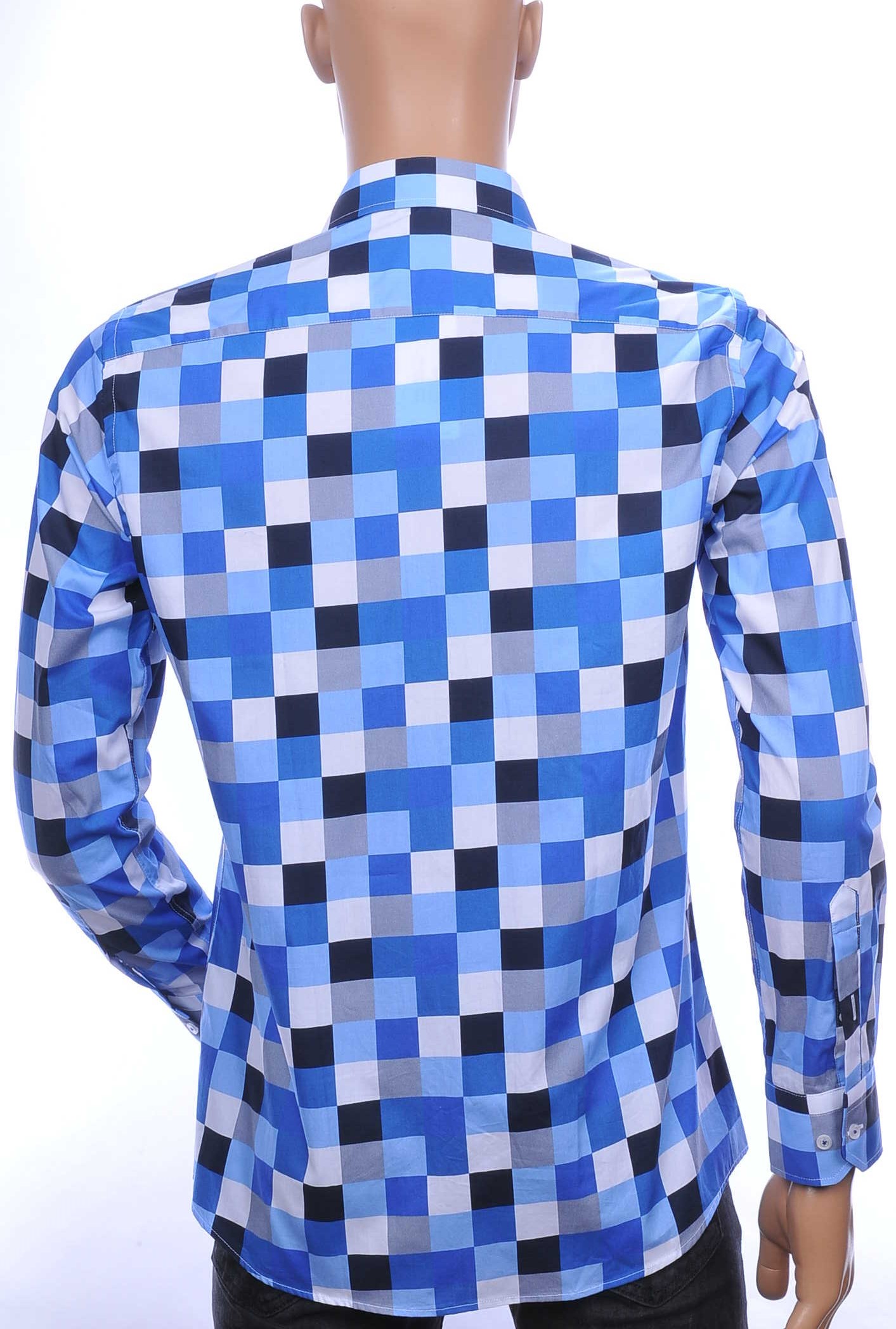 Corrino slim fit allover multicolor blokjes dessin heren overhemd Blauw