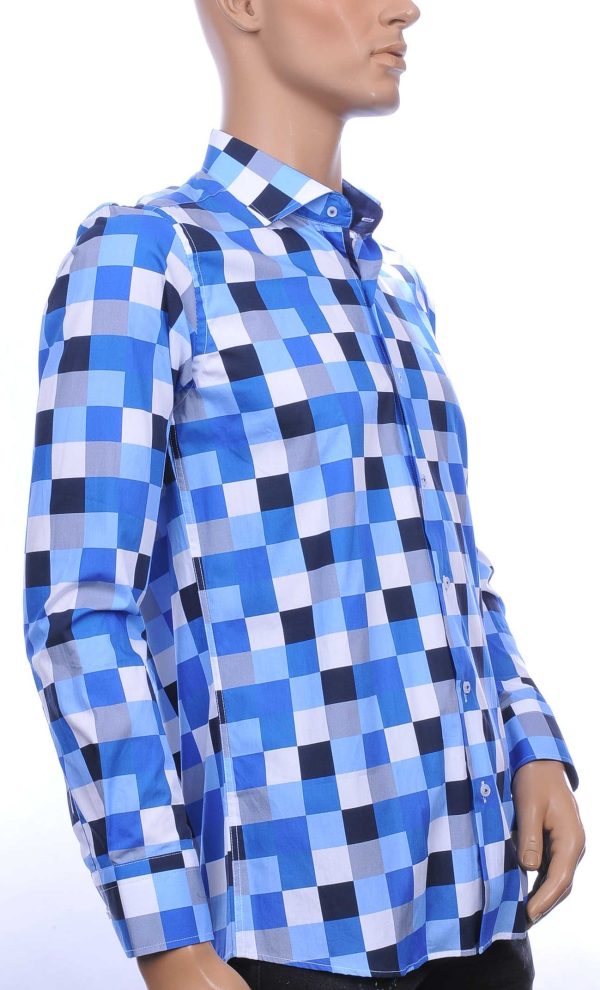 Corrino slim fit allover multicolor blokjes dessin heren overhemd Blauw