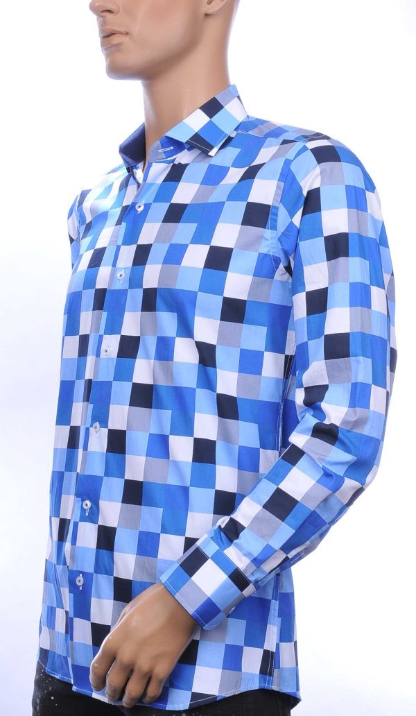 Corrino slim fit allover multicolor blokjes dessin heren overhemd Blauw