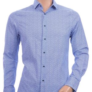 FORTUNATO Italiaanse Getailleerd Slim Fit Heren Overhemd met Allover Rondjes Dessin - Navy