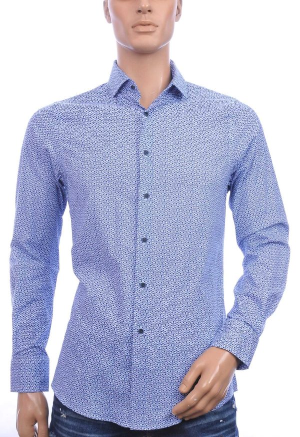 FORTUNATO Italiaanse Getailleerd Slim Fit Heren Overhemd met Allover Rondjes Dessin - Navy