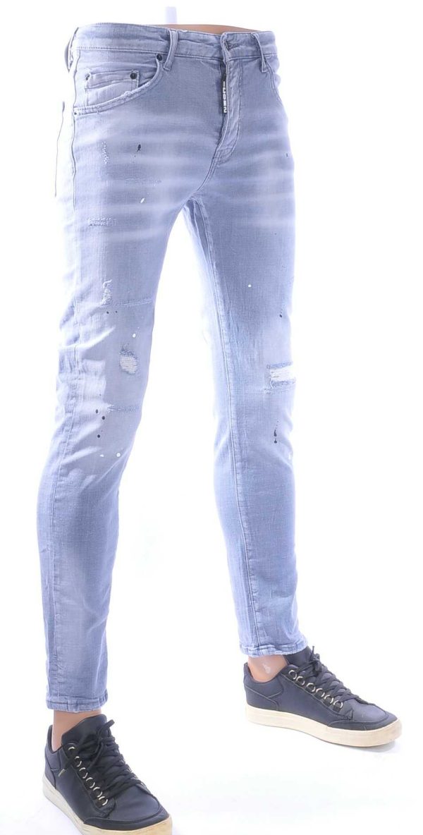 ICON2 Hippe Gescheurde Slim Fit Stretch Heren Jeans met Verfspatten – Grijs | Trendy, Stoer en Comfortabel
