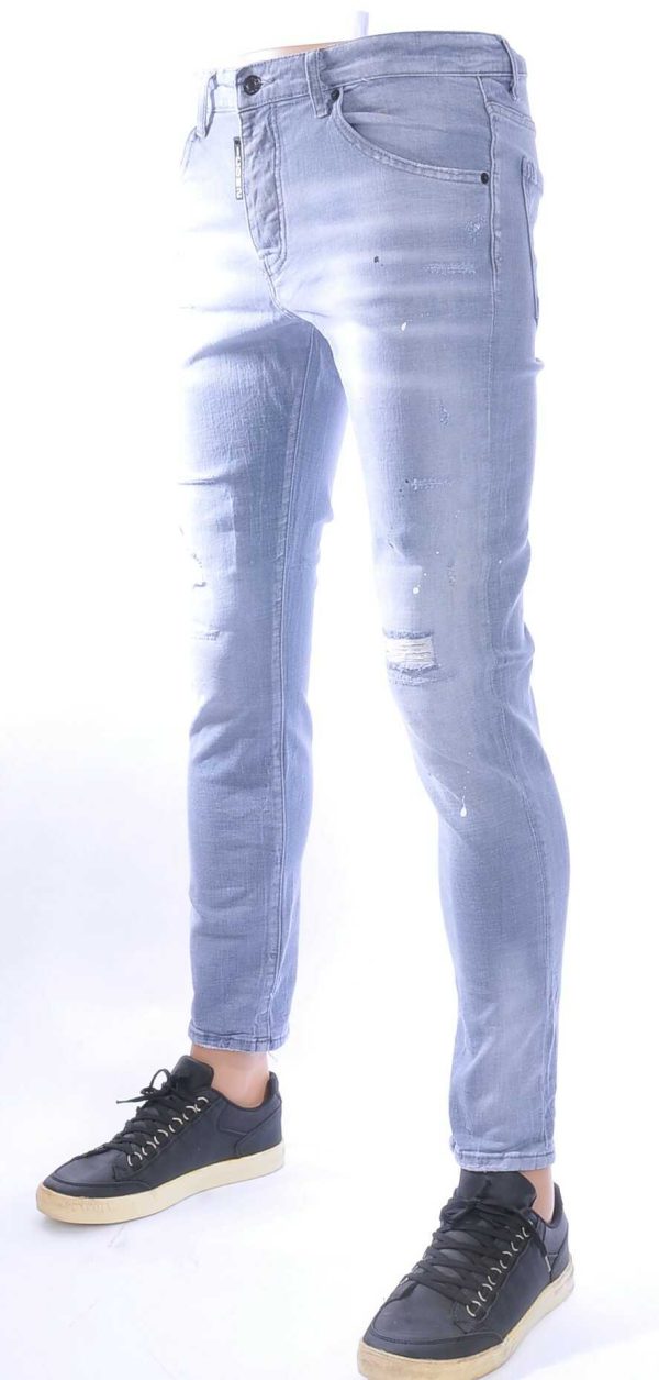 ICON2 Hippe Gescheurde Slim Fit Stretch Heren Jeans met Verfspatten – Grijs | Trendy, Stoer en Comfortabel