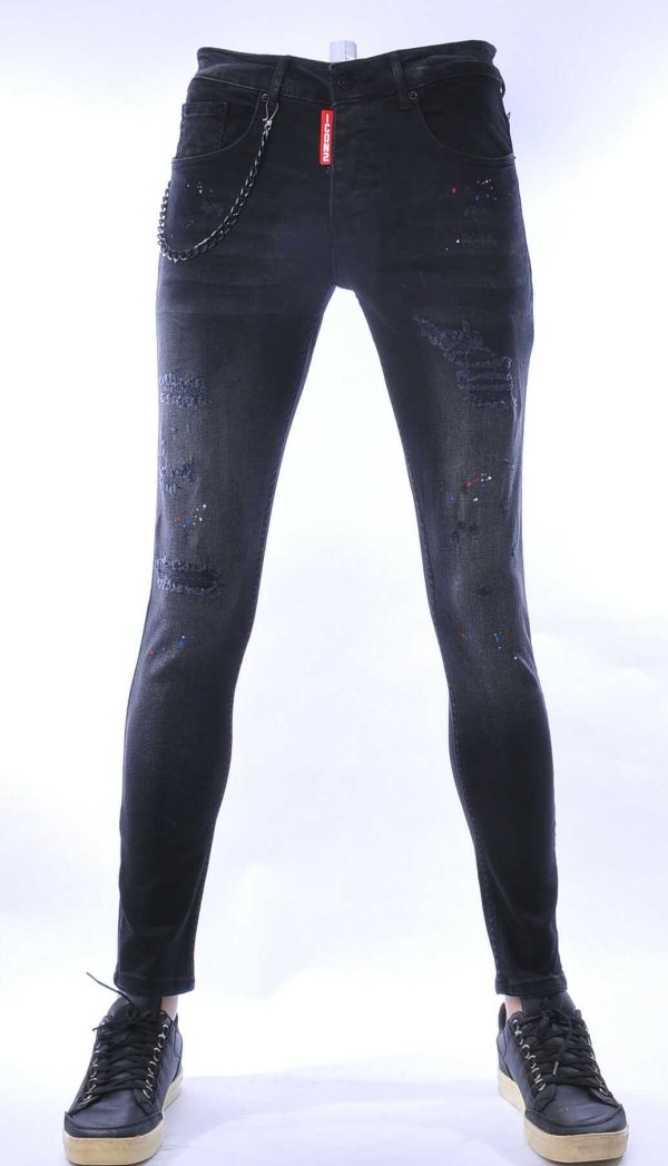 ICON2 hippie gescheurde slim fit stretch heren jeans met verfspatten Zwart
