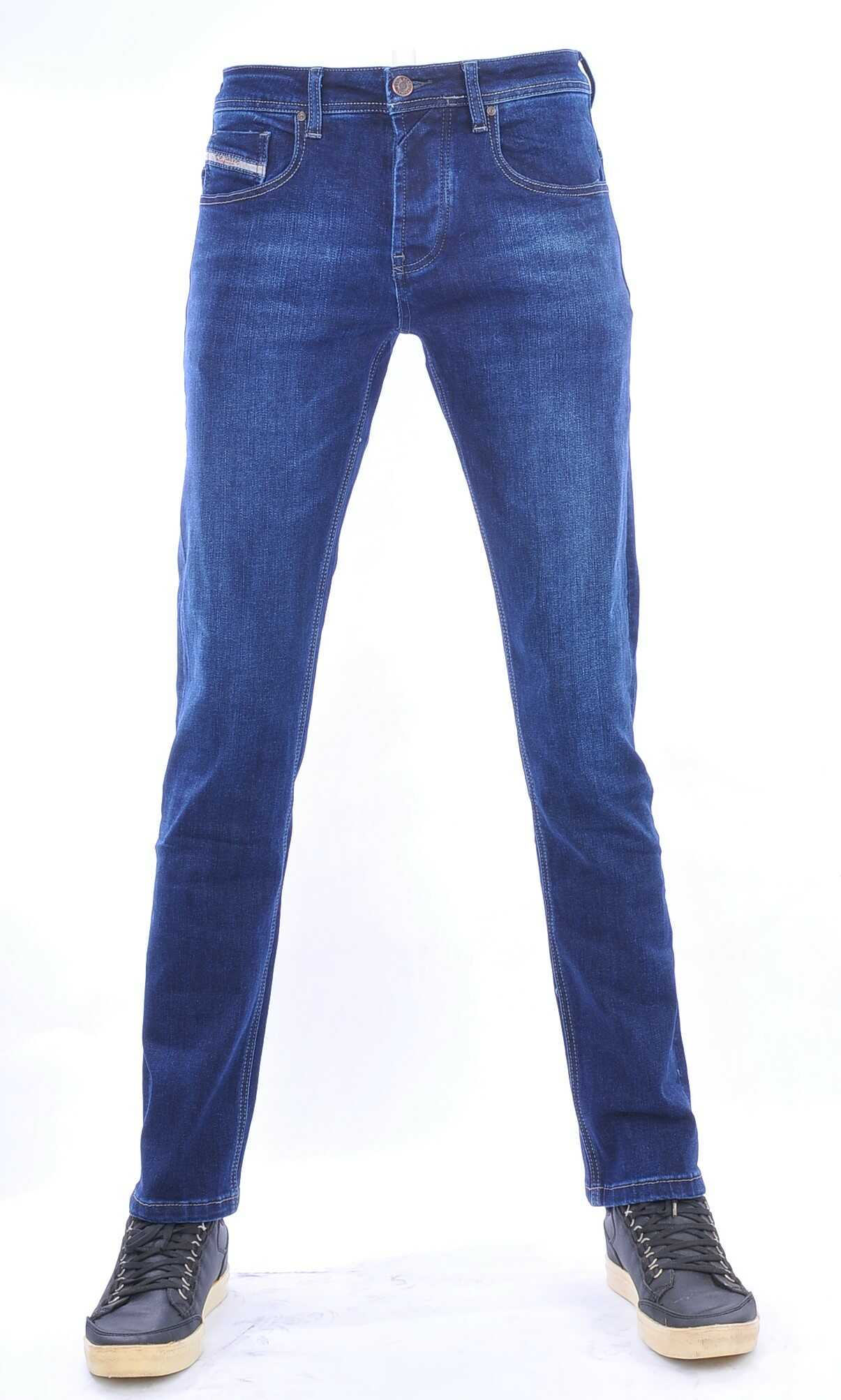TRUE RISE trendy stretch heren jeans met contrast kleur stiksels Blauw