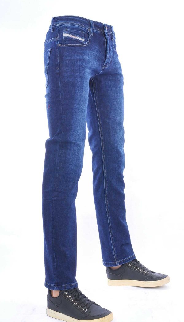 TRUE RISE trendy stretch heren jeans met contrast kleur stiksels Blauw