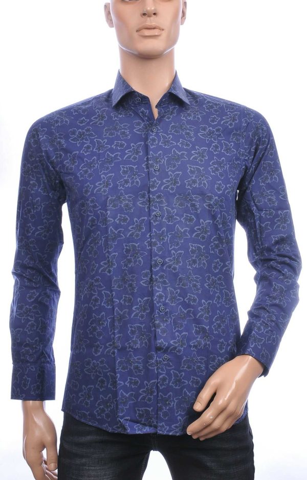 Corrino Italiaanse Slim Fit Heren Overhemd met Bloemen en Bladeren Dessin – Navy