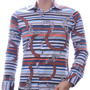 KDWN Trendy Slim Fit Getailleerd Allover Grieks Motieven Dessin Heren Overhemd - Oranje