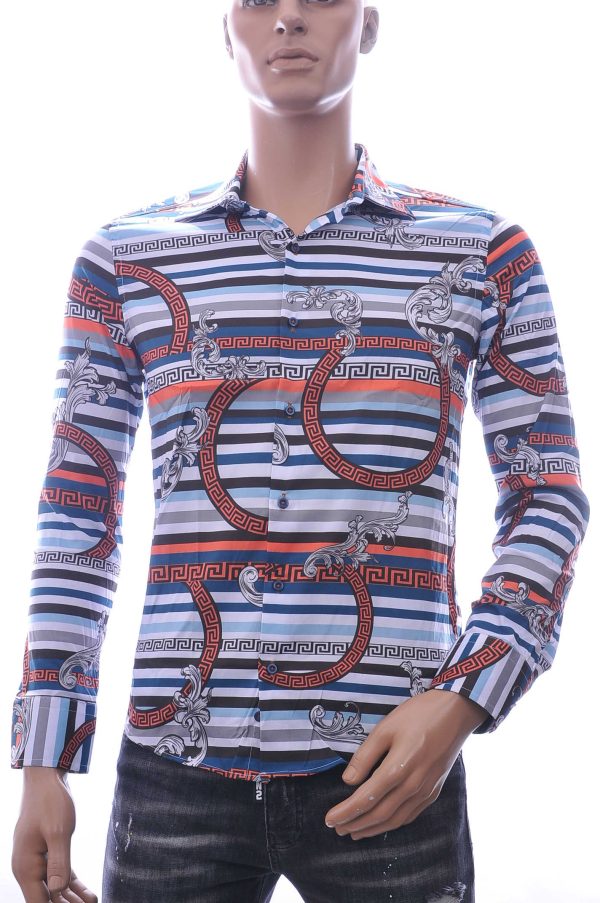 KDWN Trendy Slim Fit Getailleerd Allover Grieks Motieven Dessin Heren Overhemd - Oranje