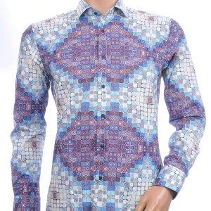 Corrino Italiaanse getailleerd slim fit allover blokjes dessin heren overhemd Blauw