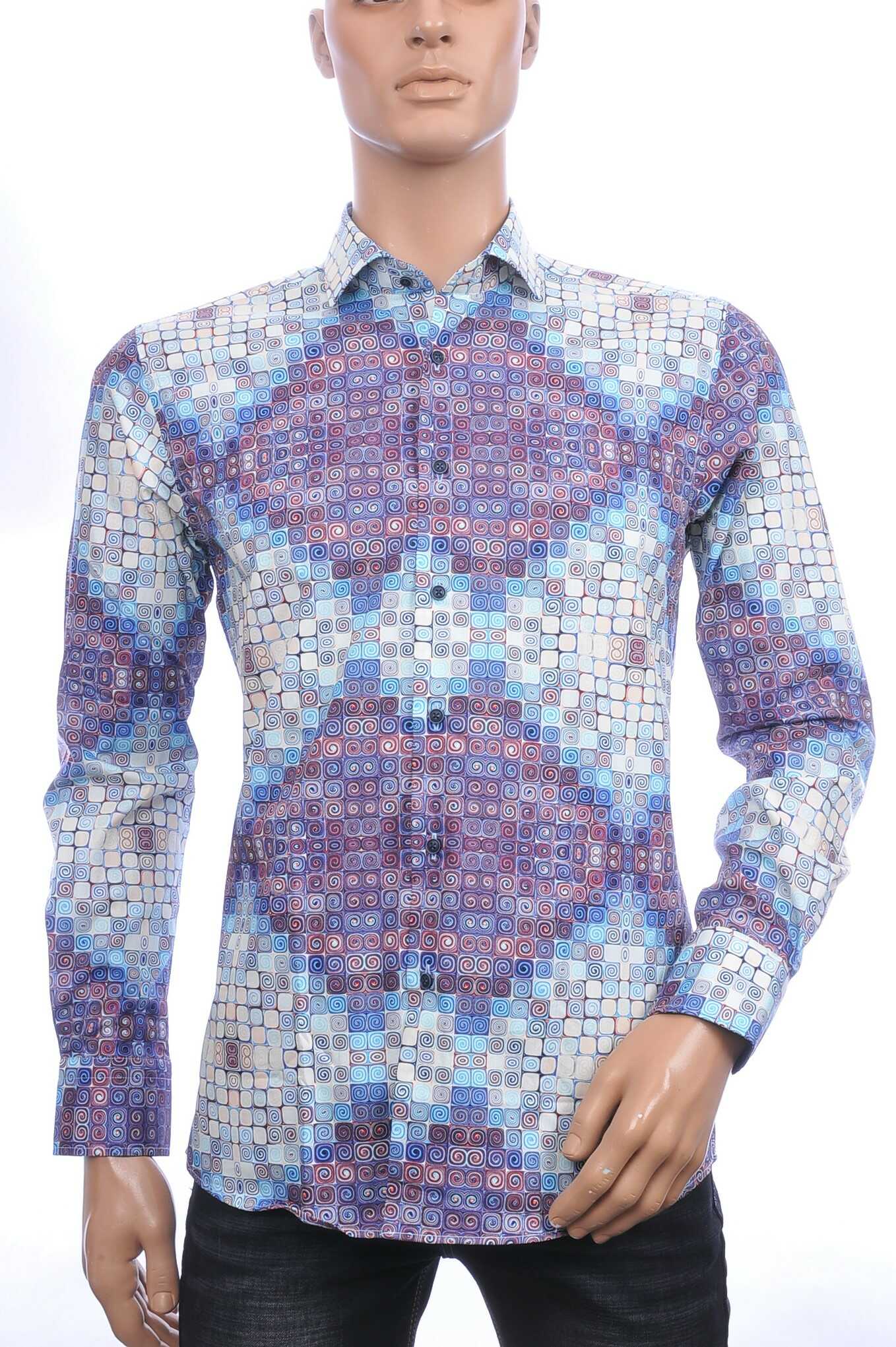 Corrino Italiaanse getailleerd slim fit allover blokjes dessin heren overhemd Blauw