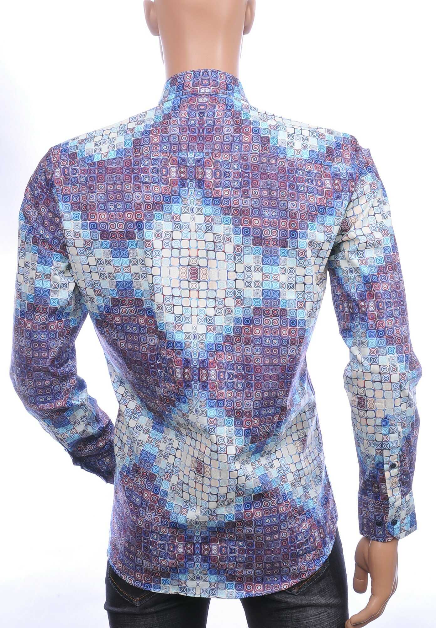 Corrino Italiaanse getailleerd slim fit allover blokjes dessin heren overhemd Blauw