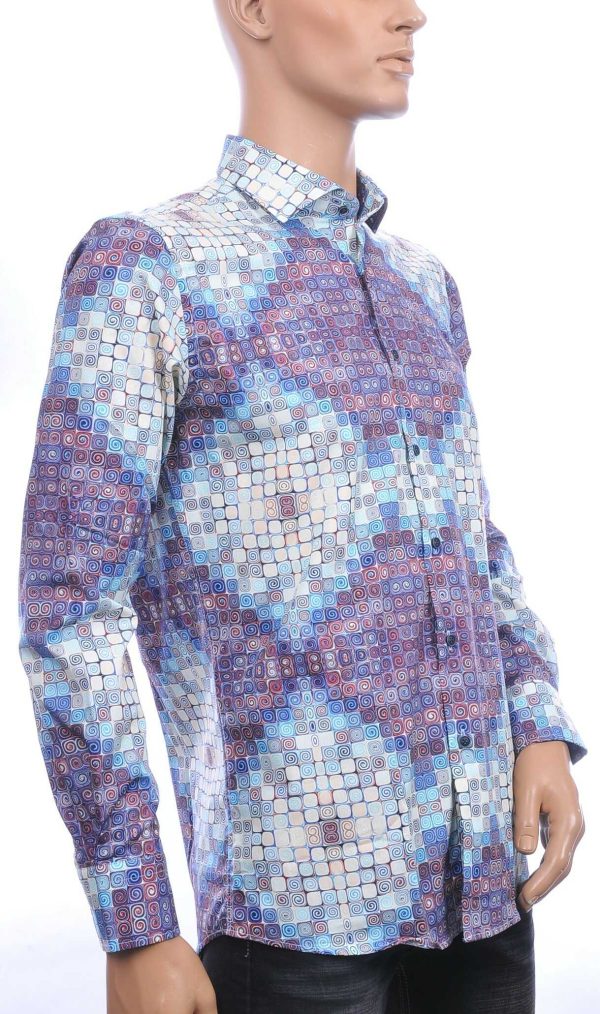 Corrino Italiaanse getailleerd slim fit allover blokjes dessin heren overhemd Blauw