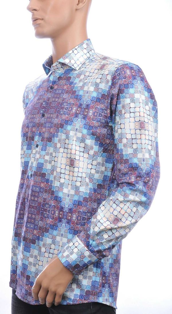 Corrino Italiaanse getailleerd slim fit allover blokjes dessin heren overhemd Blauw