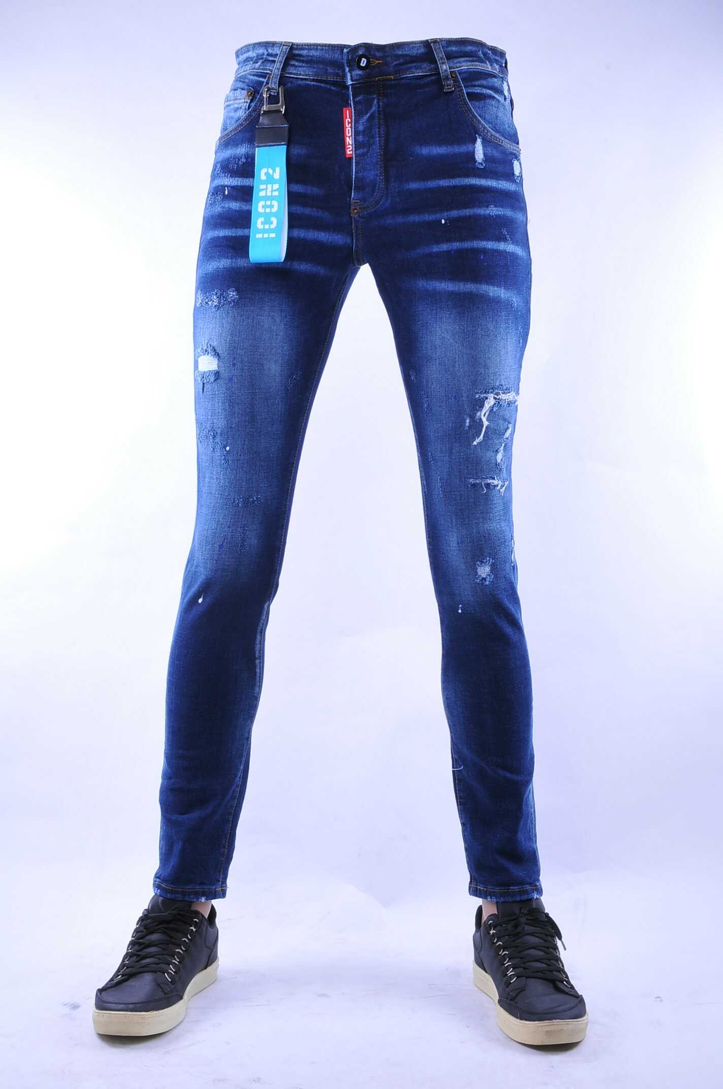 Consumeren compromis Monopoly ICON2 gescheurde slim fit skinny heren jeans met verfspetters Blauw