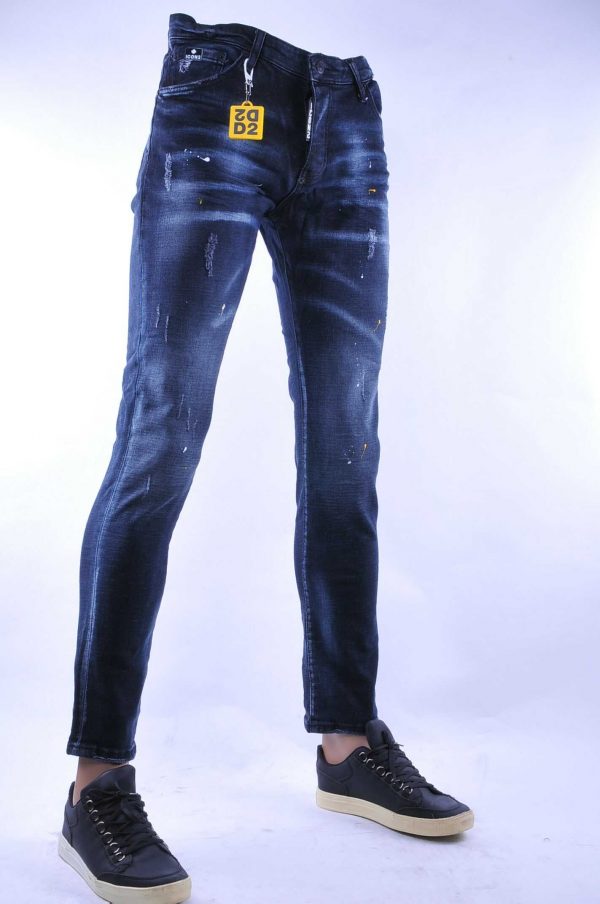ICON2 gescheurde slim fit skinny heren jeans met verfspetters Blauw