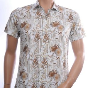 Ferlucci Trendy Allover Bloemen en Bladeren Dessin Slim Fit Heren Overhemd met Korte Mouwen - Beige