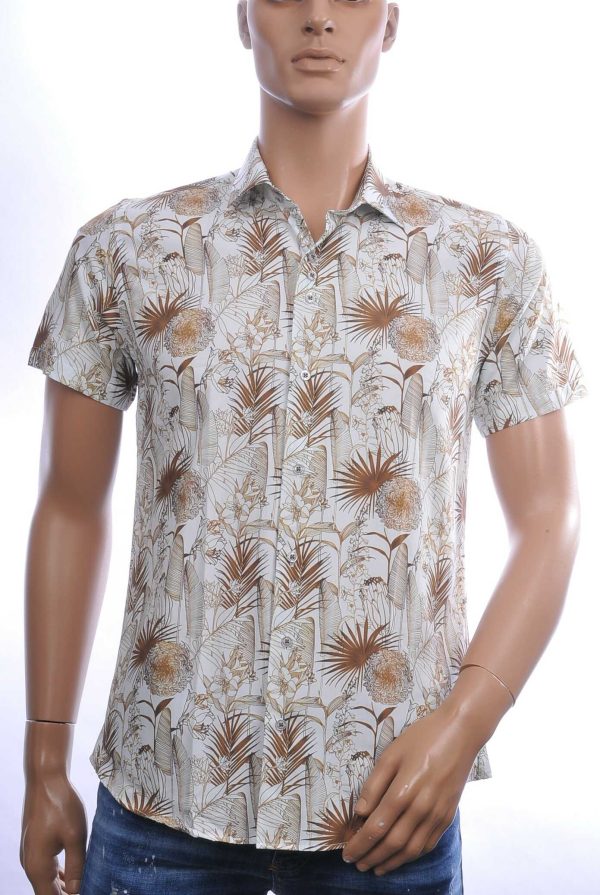Ferlucci Trendy Allover Bloemen en Bladeren Dessin Slim Fit Heren Overhemd met Korte Mouwen - Beige