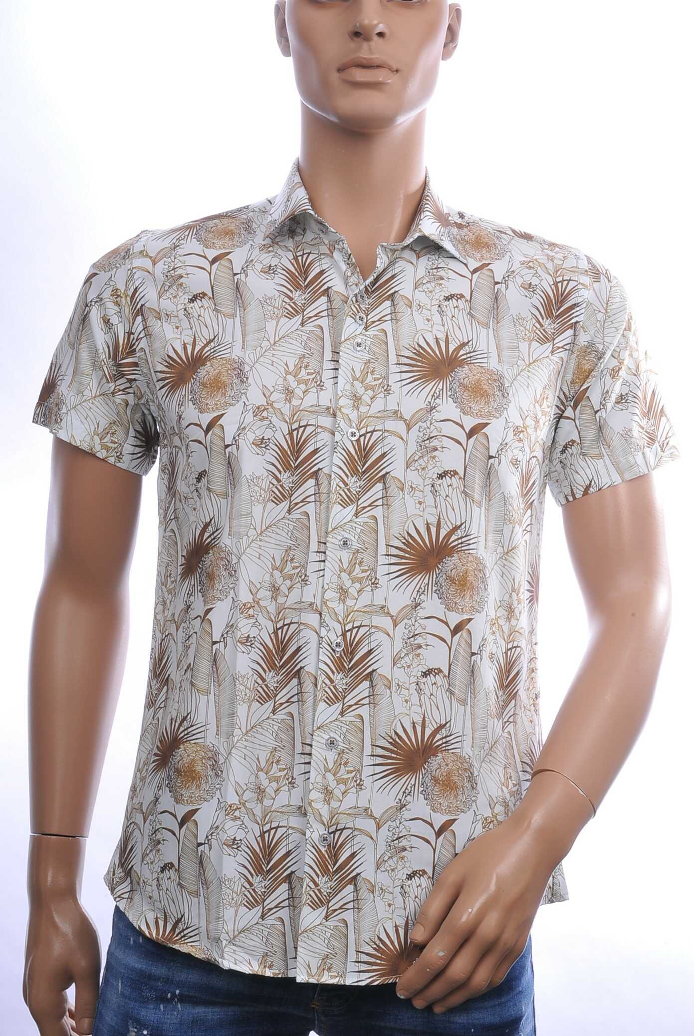 Ferlucci Trendy Allover Bloemen en Bladeren Dessin Slim Fit Heren Overhemd met Korte Mouwen - Beige
