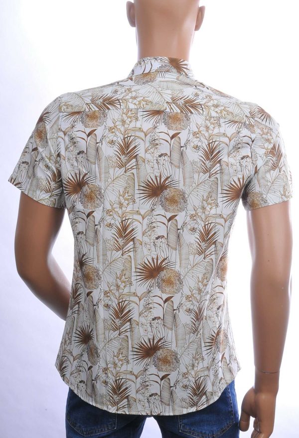 Ferlucci Trendy Allover Bloemen en Bladeren Dessin Slim Fit Heren Overhemd met Korte Mouwen - Beige