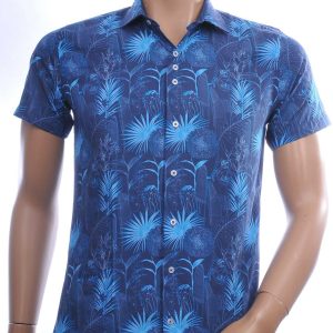 Ferlucci Trendy Allover Bloemen en Bladeren Dessin Slim Fit Heren Overhemd met Korte Mouwen - Navy