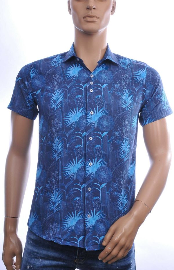 Ferlucci Trendy Allover Bloemen en Bladeren Dessin Slim Fit Heren Overhemd met Korte Mouwen - Navy