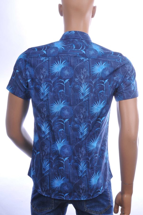 Ferlucci Trendy Allover Bloemen en Bladeren Dessin Slim Fit Heren Overhemd met Korte Mouwen - Navy