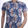 Ferlucci Trendy Slim Fit Hawaii Heren Overhemd met Korte Mouwen - Navy