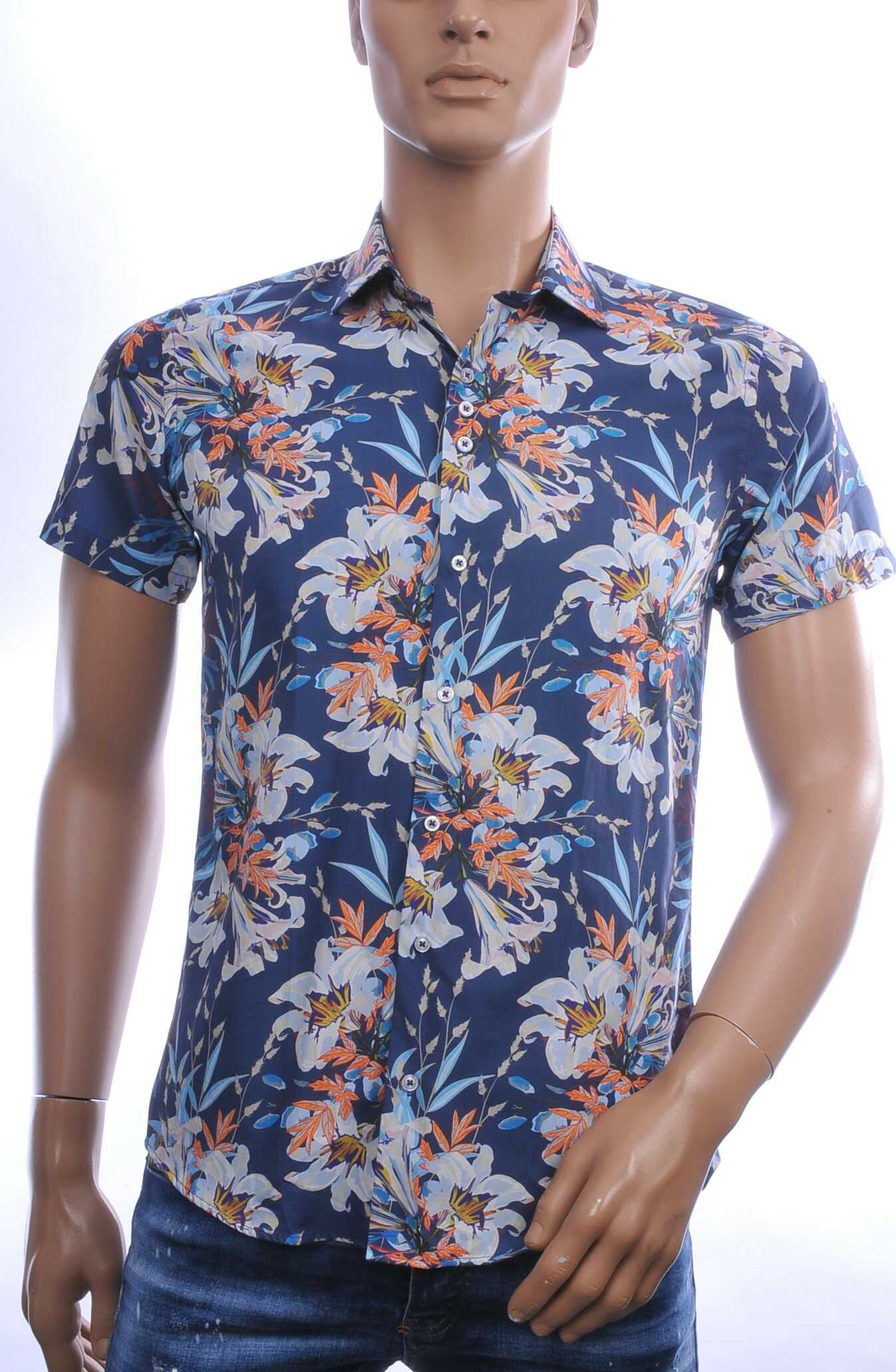 Ferlucci Trendy Slim Fit Hawaii Heren Overhemd met Korte Mouwen - Navy
