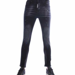 ICON2 Hippie Gescheurde Slim Fit Stretch Heren Jeans Met Verfspatten - Zwart