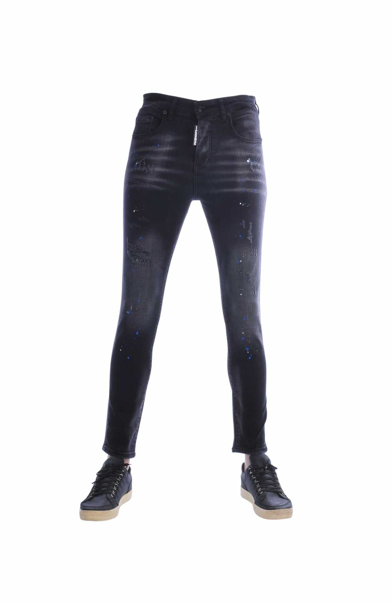 ICON2 Hippie Gescheurde Slim Fit Stretch Heren Jeans Met Verfspatten - Zwart