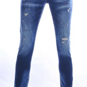 ICON2 Hippe Gescheurde Slim Fit Stretch Heren Jeans met Verfspatten – Blauw