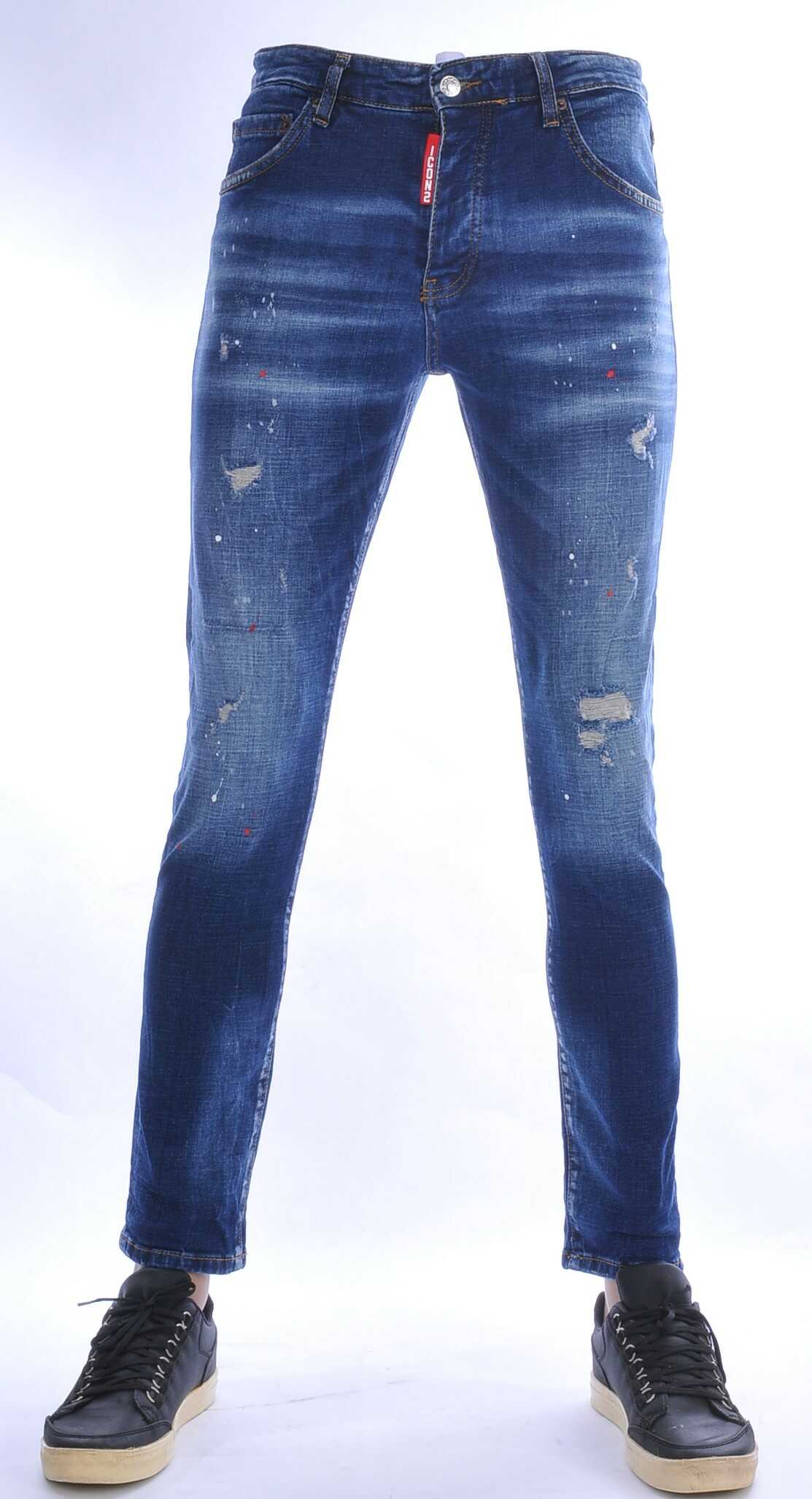 ICON2 Hippe Gescheurde Slim Fit Stretch Heren Jeans met Verfspatten – Blauw