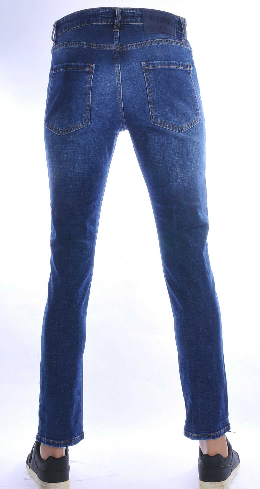 ICON2 Hippe Gescheurde Slim Fit Stretch Heren Jeans met Verfspatten – Blauw