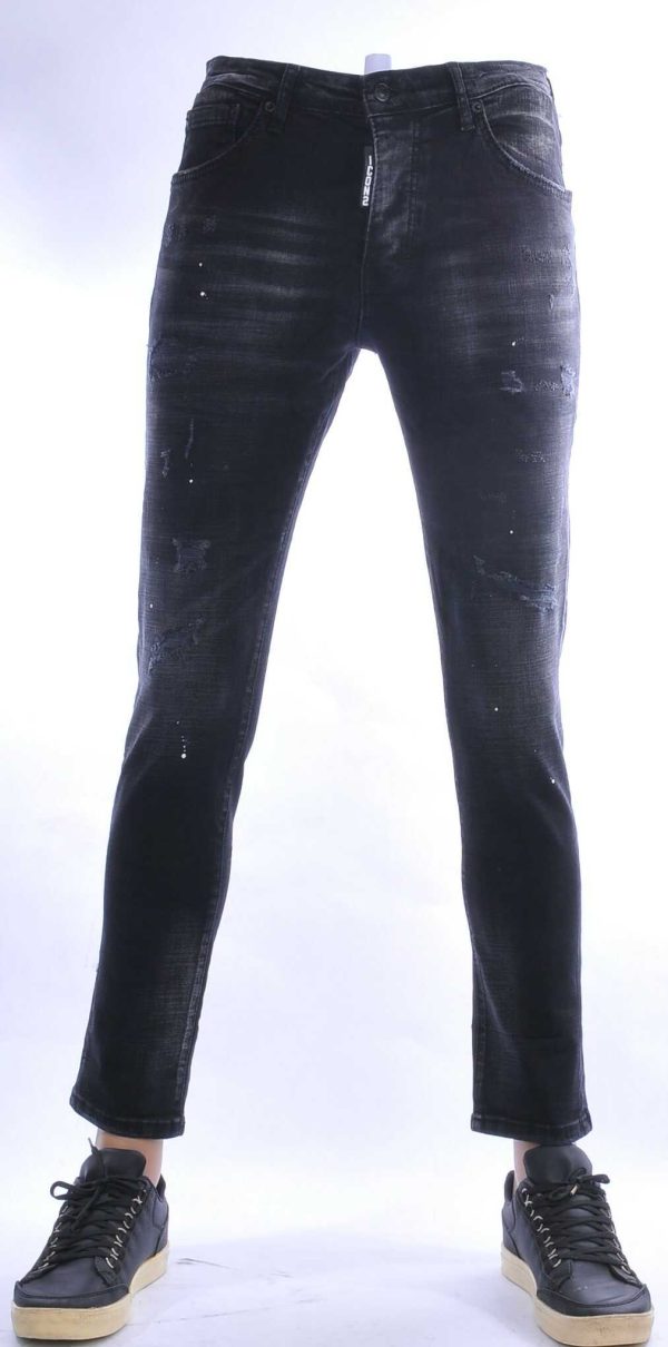 ICON2 Hippie Gescheurde Slim Fit Stretch Heren Jeans met Verfspatten - Zwart